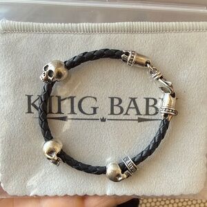King Baby Thin Braided Leather Bracelet w/ 3 Hamlet Leather Skulls 7 1/2
